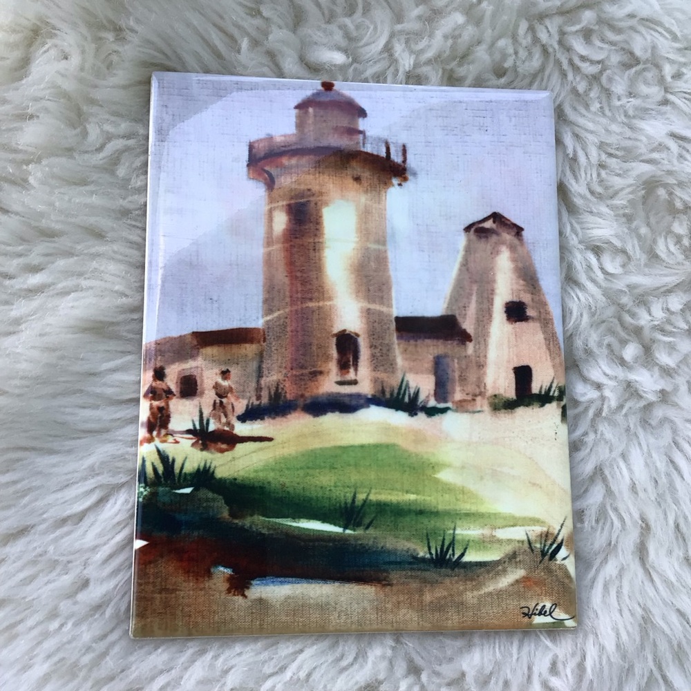 Rare Vintage Edna Hibel Coastal Monhegan Lighthouse Watercolor Wall Art Tile
